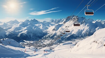 A beautiful view of a big snowy mountain range with a blue sky. Ski resort background. Design ai