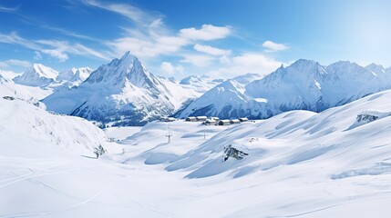 Fototapeta premium A beautiful view of a big snowy mountain range with a blue sky. Ski resort background. Design ai