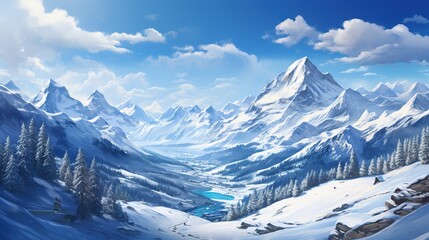 Fototapeta premium A beautiful view of a big snowy mountain range with a blue sky. Ski resort background. Design ai