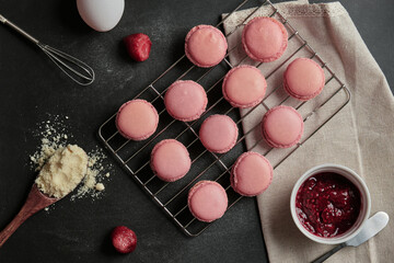 Top view of Strawberry Macaron and Ingredients