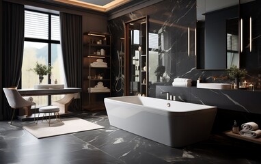 Modern Marble Elegance in a Domestic Bathroom. Generative AI