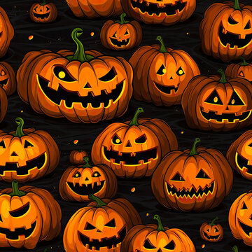 Halloween Pumpkin Texture, repeatable or tiled. Jack o Lantern Pumpkins with spooky faces carved into them. Illustration for wallpapers, textures, backdrops and decoration.