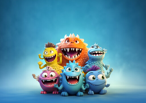 groupe de monstres avec le sourire, personnage enfantin style 3D - fond bleu