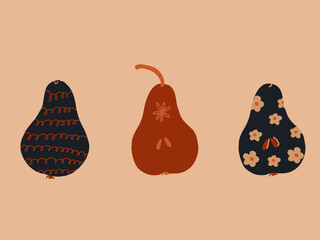 Set of various textured pears fruit. Cartoon style pears with different Ornament design. Hand drawn vector illustration. Cute fruit objects. Trendy flat design Isolated on a pastel background