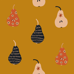 Various abstract textured pears. Hand drawn fruit silhouette seamless pattern. Cartoon style elements. Trendy Vector illustration. Vintage design for fabric, decoration, print, wallpaper, icon, logo