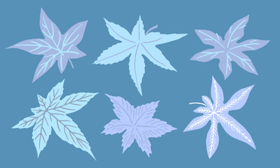 Collection of Hand drawn abstract tree leaves. Various botanical object isolated on blue background. Cute foliage set. Minimal leaf print design with ornament. Vector illustration
