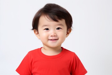 2 years old little asian baby boy wearing red T-shirt. Portrait photo taken against a white background.