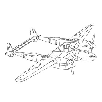 Lockheed P-38 Lightning Aircraft War World II Fighter Coloring Page. Military Airplane Vector Illustration. Vintage War Plane. Cartoon Airplane