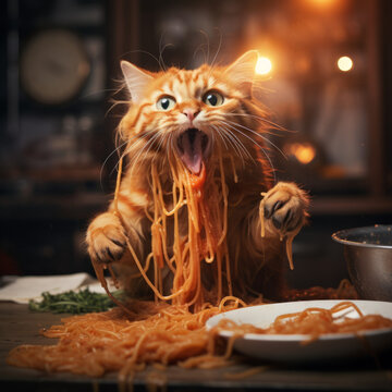 Cat Eating And Enjoying Spaghetti