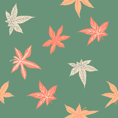 Soft colours Simple tree Leaves Seamless pattern. Abstract hand Drawn maple leaves in cartoon style. Naive art for wallpaper, cover, textile, fabric, gift wrap, print. Vector illustration