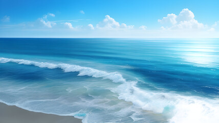 Fototapeta premium Immerse in coastal tranquility with this 4K photorealistic sea view. A serene blend of blues, gentle waves, and soft sunlight captured in high-resolution DSLR realism. 