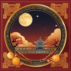 Beautiful scenery with a two-storied pagoda, trees, a full moon, moon cake, golden clouds, and stars in the sky