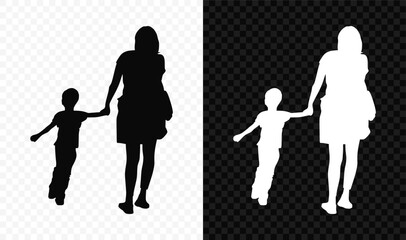 Mother in casual clothes walks holding a little boy by the hand black and white vector silhouette on transparent background
