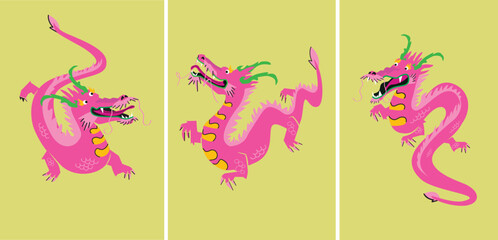 Set of pink dragon. Japanese or Chinese oriental style. Hand drawn colored Vector illustration. Print, logo, poster template, tattoo idea. Symbol of 2024 new year