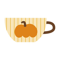Cup with autumn design. Mug with warm drink. Cozy fall concept. Pumpkin motif in seasonal colors.