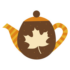 Teapot with autumn design. Warm drink. Cozy fall concept. Maple leaf motif in seasonal colors.