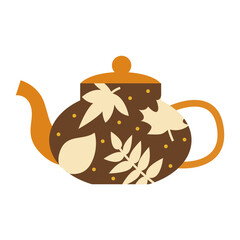 Teapot with autumn design. Warm drink. Cozy fall concept. Falling leaves motif in seasonal colors.