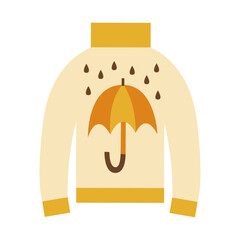 Sweater with autumn design. Cozy fall concept. Rain and umbrella motif in seasonal colors.