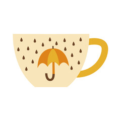 Cup with autumn design. Mug with warm drink. Cozy fall concept. Rain and umbrella motif in seasonal colors.