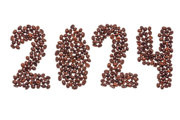 2024 from roasted coffee beans on a white background. New year 2024 concept. Creative layout.