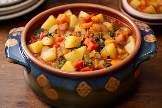 Hearty vegetable stew simmering in a rustic pot, evoking comfort and nourishment in a vegetarian meal. Generative AI