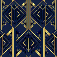 Abstract art deco seamless blue and golden luxury pattern