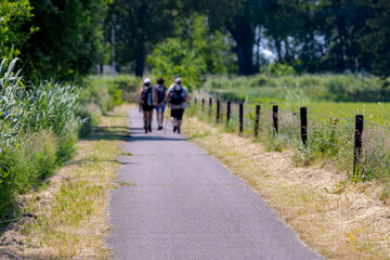 Countryside road with blurred group of peoples hiking, The Pieterpad is a long distance walking route in the Netherlands, The trail runs from northern part of Groningen to end just south of Maastricht