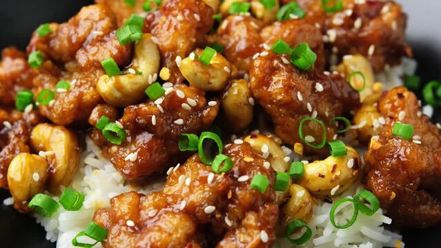 Crispy cashew Chicken stir fry with rice. Asian take away food. Rotating video