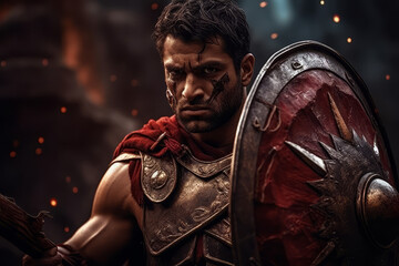 A Roman gladiator with a sword and a shield - obrazy, fototapety, plakaty