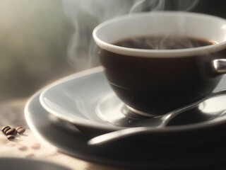View of a cup with steaming coffee. Image generated by Ai.