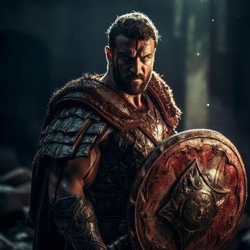 A Roman gladiator with a sword and a shield