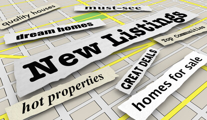 New Listings Headlines Real Estate Homes for Sale Great Houses Deals Map 3d Illustration