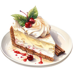 Watercolor Christmas Winter Dessert.  Xmas new year holiday illustration. Celebration Bakery Party Decor. Sweet Eggnog Cream Cheesecake.