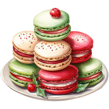 Watercolor Christmas Winter Dessert.  Xmas New Year Holiday Illustration. Celebration Bakery Party Decor. Cute Sweet Macaron.