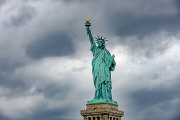 New York, New York, United States. August 07, 2023. Dramatic and detailed image of the Statue of...