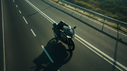 An overhead view of a motorcycle rider cruising along an empty highway, capturing the sense of freedom and speed 