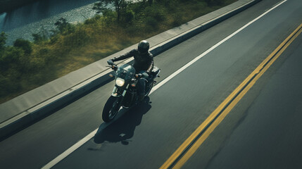 An overhead view of a motorcycle rider cruising along an empty highway, capturing the sense of freedom and speed 