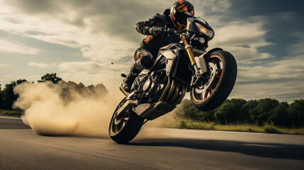 The motorcycle's front wheel lifting off the ground during an exhilarating wheelie, showcasing controlled acceleration  - obrazy, fototapety, plakaty