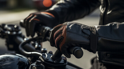 Fototapeta na wymiar A close-up of a rider's gloved hand gripping the throttle, ready to unleash the bike's power on an open road 