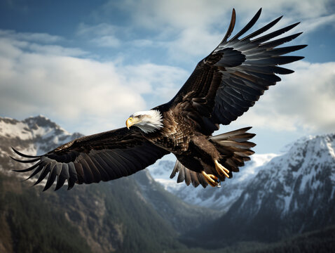 An image of a majestic eagle in flight with a backdrop of a mountain range.