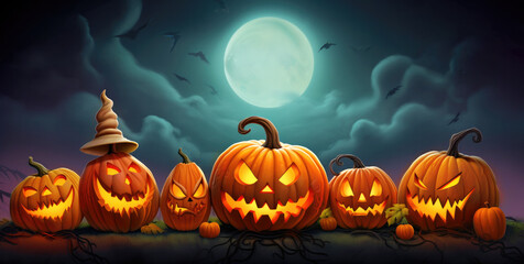 Halloween pumpkins of different sizes and shapes sitting in a row under night sky lit by full moon. Cartoon panoramic illustration with copy space. Generative AI