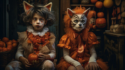 Two kids dressed in adorable cat costumes for Halloween