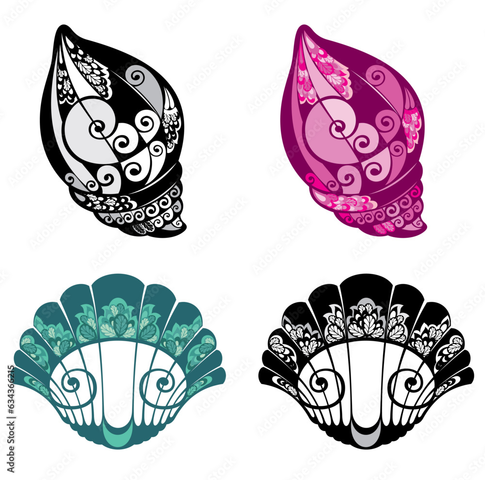 Wall mural Two seashells. Vector illustration in doodle style. Contour icons, badges.