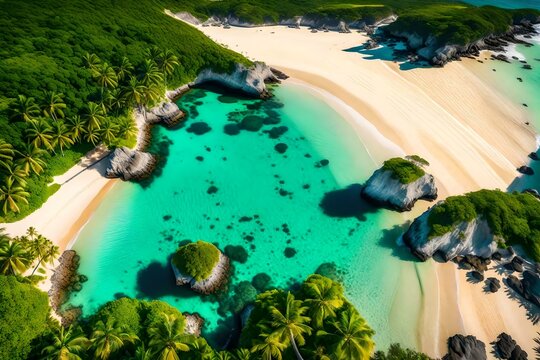 A super realistic Areal, drone view captures the beauty of a pristine beach with a stunning coastline