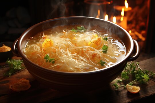 Bird's Nest Soup: Discover the delicacy of bird's nest, prepared in a nourishing and exquisite soup.Generated with AI - Powered by Adobe