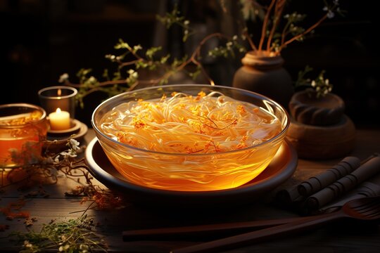 Bird's Nest Soup: Discover the delicacy of bird's nest, prepared in a nourishing and exquisite soup.Generated with AI