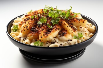 Fototapeta na wymiar Truffle Macaroni and Cheese: Elevate the classic comfort dish with the addition of black truffle, a harmonious blend of flavors. Generated with AI