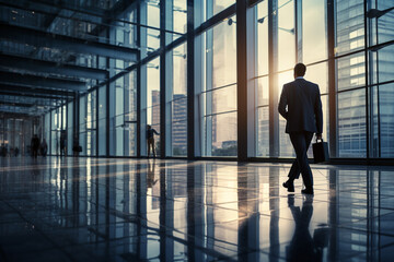 Fototapeta na wymiar Businessman Walking Amid Corporate Skyscrapers. Man dressed in Business suit going for work. Ai generated