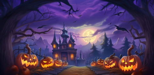 Glowing Halloween pumpkins sitting along a road to haunted mansion in the woods under a cloudy moonlit night. Cartoon illustration with copy space, generative AI