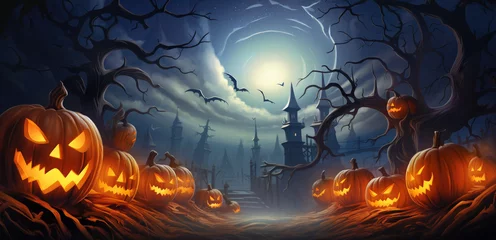 Fotobehang Spooky Halloween pumpkins in a row against countryside landscape with crooked trees and mysterious mansion under glowing moon. Cartoon illustration with copy space, generative AI © ChaoticDesignStudio